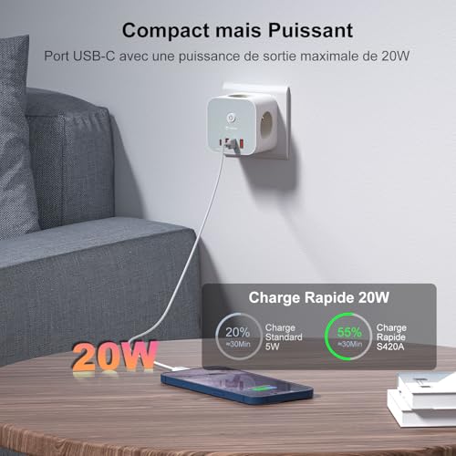 VEFVE Cube Wall Power Strip with USB C 20W, 7-in-1 Power Strip with 3 AC Outlets, 4 USB Ports (1 USB-C + 3 USB-A), Fast Charger, Switch, 3680W - for Home, Office, Phone