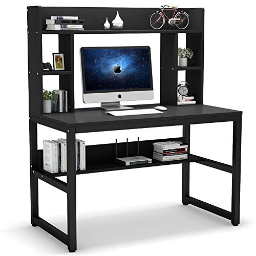 Tribesigns Computer Desk with Hutch, 47 Inches Modern Writing Desk with Storage Shelves, Compact Office Desk Study Table Workstation for Home Office, Black + Black Legs
