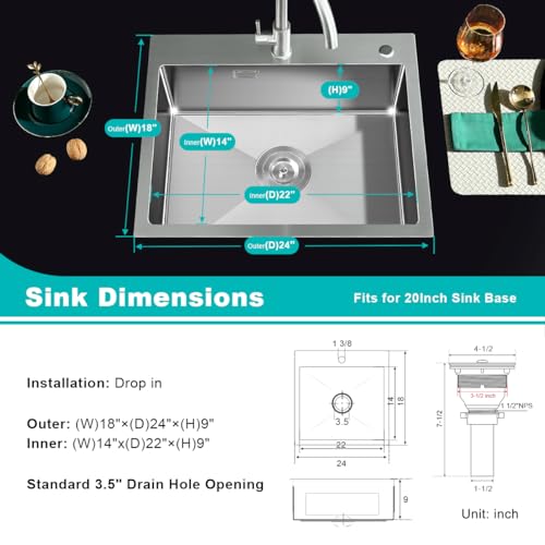 TSIBOMU 24 Inch Kitchen Sink Drop-in, 18 Gauge Stainless Steel Single Bowl Single Faucet Hole Top Mount Workstation Sink, D24 xW18 xH9
