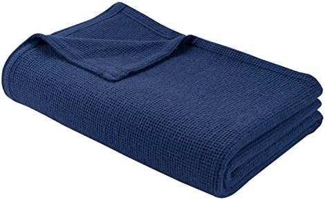 Waffle Weave Brushed All Season Blanket Throw by DELANNA 100% Soft Cotton (Navy, Full/Queen)