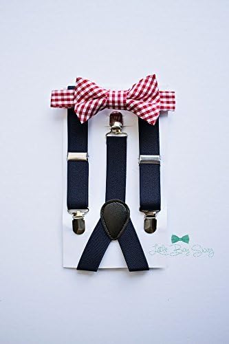 Boys Red Checkered Bow Tie with Navy Suspenders. A perfect look for ring bearers, wedding party, birthdays or family photos. Sizes available from newborn up to adult.