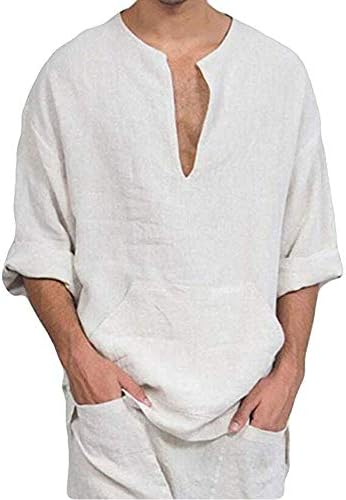 Mens V Neck Cotton Linen Henley Shirts 3/4 Sleeve Banded Collar T-Shirt Loose Fit Summer Beach Tops