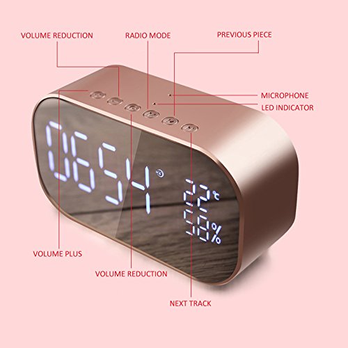 Fashionwu Mini Bluetooth Speaker Wireless Stereo Portable LCD FM Radio Alarm Clock Outdoor Speaker Rose Gold