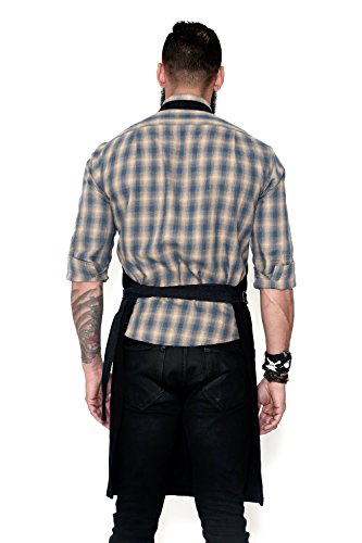 Under NY Sky No-Tie Deep Black Apron - Durable Twill with Leather Reinforcement and Split-Leg - Adjustable for Men and Women - Pro Barber, Tattoo, Barista, Bartender, Baker, Hair Stylist, Server Apron