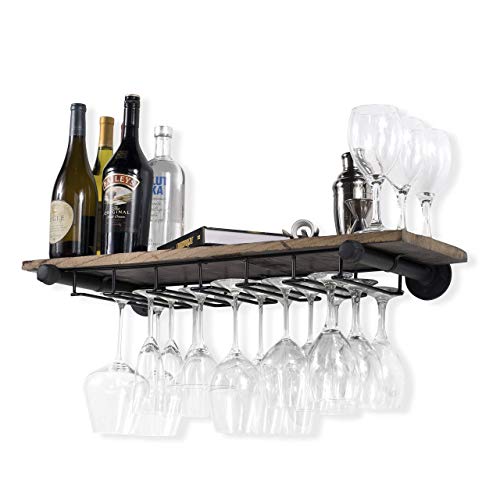 Rustic Wall Floating Shelf Stemware Holder Wine Rack Reclaimed Wood with Pipe Industrial Pipe Brackets Walnut