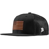 Branded Bills Leather Old Glory Flat Trucker hat for Men | Tan Leather Patch, moisture-wicking sweatband, structured crown, hand wash and air dry