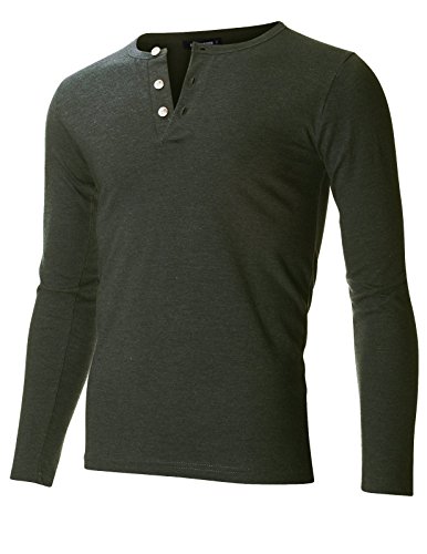 FLATSEVEN Men s Slim Fit Casual Long Sleeve Henley T Shirt (THL100) Army Green, M