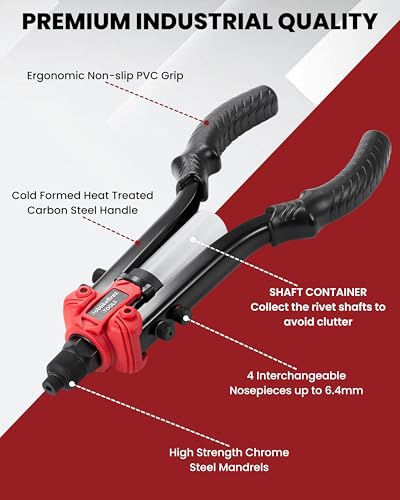 JoblikeBrez Professional Rivet Pliers Riveter Set with 210 Blind Rivets (2.4-6.4 mm) Large 33 cm Blind Riveter with Collection Container Heavy Duty Riveter for Car, Metal and DIY Work