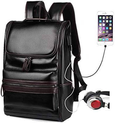 Laptop Backpack with USB Charging Port Rucksack 17 inch Leather Business for Men Waterproof Bag -Black