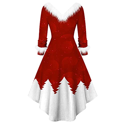 Christmas Dresses for Women Furry V Neck Swing Dress High Low Party Dress Long Sleeve Christmas Print Dresses (Red02, L)