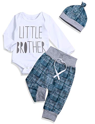Newborn Baby Boy Clothes Crew Letter Print Romper+Long Pants+Hat 3PCS Outfits Set,Soft Breathable Fabric (G-Blue, 6-9 Months)