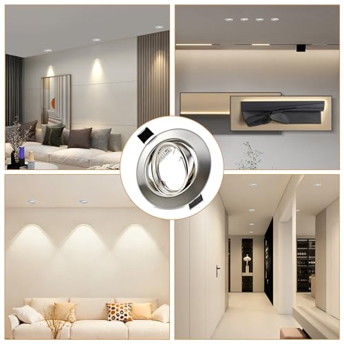 LteelDay Round Recessed Spotlight Frame, Brushed Metallic GU10 with 30° Rotation, Diameter 68-80 mm, Includes GU10 Socket for LED or Halogen Lamps, Pack of 20