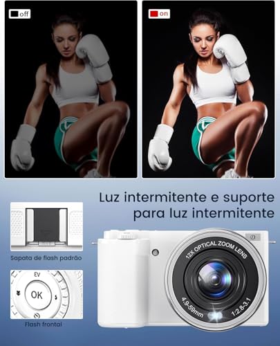 Câmera Digital 4K 64MP Branca com Zoom Óptico 12X, Tela Flip Touch 2.88" para Selfie e Vlog, Flash LED, WiFi, Câmera Compacta para Iniciantes e Criadores de Conteúdo