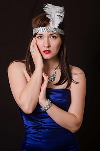 Luxury 1920s Accessories Roaring Twenties Feathered Headband by Vowster, Costume Headpiece Design with Sequins. For the Art Deco, Flapper Girl Themed Vintage Fancy Dress. Silver with White Feather
