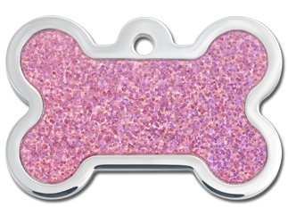 Hologram Collection Bone Shape Personalized Custom Engraved Pet ID Tags-(Pink Spangles, Large)