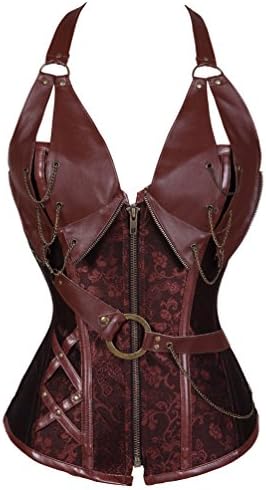 Steampunk Steel Boned Corset Bustier Overbust Faux Leather Halter Waist Cincher Top XXXXXX-Large Brown