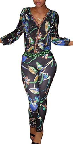 DoufineWomen Doufine Womens Two-piece Suit Printed Long Sleeve Button Pants As picture M