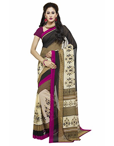 Janasya Women's Beige & Black Printed Georgette Saree