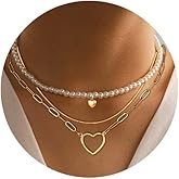 Gold Pearl Choker Necklace Stack for Women Layered Pearls with Charm Necklaces Starfish Love Heart Pendant Chain Necklace Stackable for Summer Beach