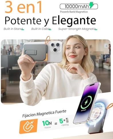 Power Bank para iPhone Magsafe, carregador portátil magnético com bateria externa de carregamento rápido de 10000mAh para i-Phone com cabo USB-C de 22,5w, suporte de powerbank dobrável para iPhone Air 17 16 15 14 13 12 Series