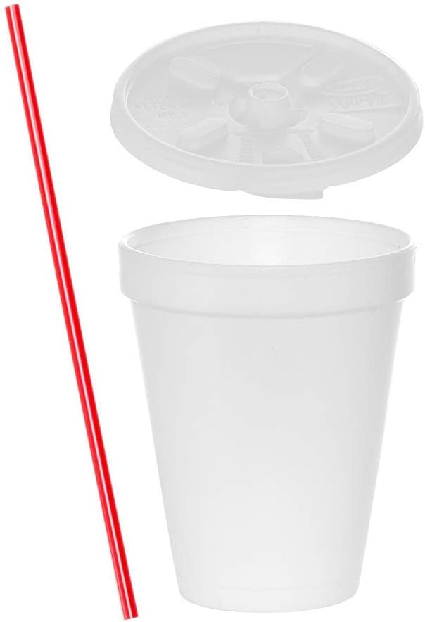 Tezzorio (100 Sets) 12 oz White Foam Cups with Lift'n'Lock Lids and Stirrers, Disposable Foam Drink Cups, To Go Coffee Cups, Insulated Foam Cups for Hot/Cold Drinks