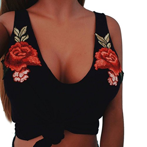 TAORE Women Fashion Sexy V-Neck Shirt Appliques Rose Sleeveless Tanks & Camis Tops Blouse (M, Black)