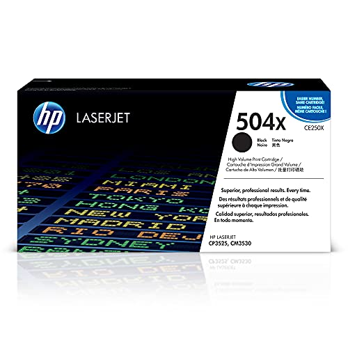 HP 504X CE250X Negro, Cartucho Tóner de Alta Capacidad Original, de 10.500 páginas, para impresoras HP Color LaserJet CP3525dn, CP3525n, CP3525x, CM3530 y CM3530fs