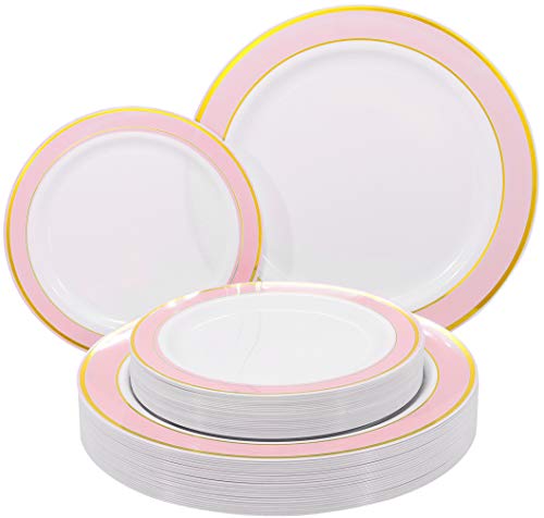 NERVURE 102 PCS Pink with Gold Rim Disposable Plates-Wedding and Party Plastic Plates Include 51PCS 10.25inch Dinner Plates And 51PCS 7.5inch Dessert/Salad Plates - Value Pack 102 Count(Pink)