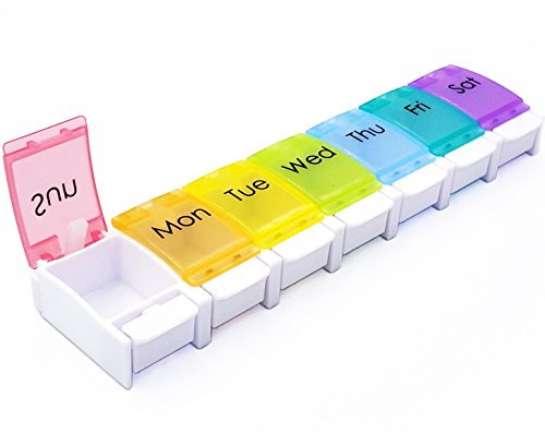Motech Large 7-Day Push Button Once A Day Pill Organizer Weekly Daily Rainbow Colored Jumbo Medicine Planner Box for Vitamins Fish Oil Supplements Prescription Arthritis Medication