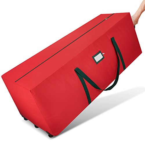 Premium 600D Oxford 9  Christmas Tree Storage Bag with Wheels, By Zober, extra Large Easy Rolling Duffel Bag for Un-Assembled Artificial Trees, Extra Stitched Handles for Carrying 59"L 24"W 22"D Red