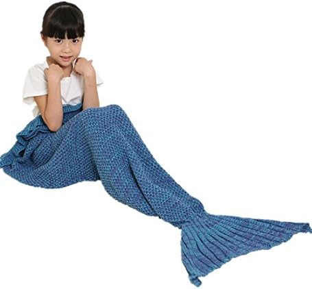 ROSEER Mermaid Tail Blankets for Kids Girls Crochet Knitted,All Seasons Sofa Sleeping Bags Soft Blanket Lake 53''x25.5'' Blue