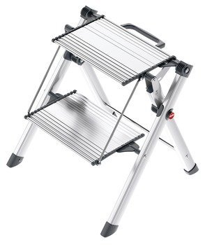 2 Steps Stool by Hafele, with handle, 330 lbs load capacity, heavy duty, folding, silver/black