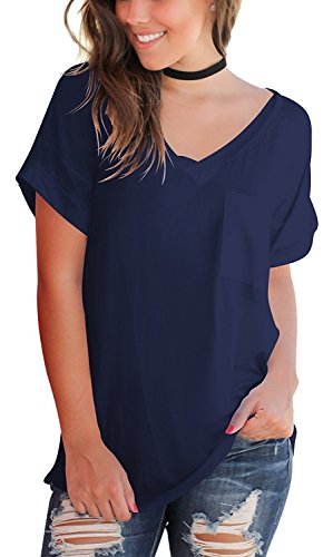 Womens Tops Short Sleeve T Shirts Casual Basic Loose With Front Pocket Small Navy Blue