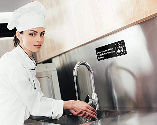 Alpine Industries Employees Must Wash Hands Before Returning to Work Sign - Self Adhesive Black Plastic Employee Hand Washing Wall/Door Sign for Restaurants & Businesses
