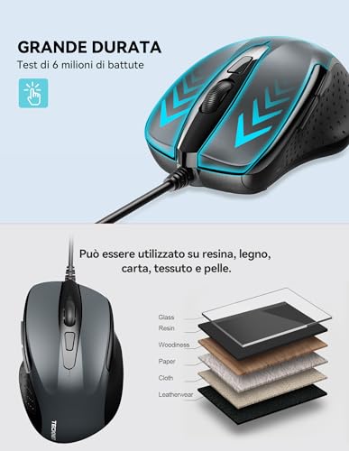 TECKNET PRO Wired Mouse, 6400 DPI Wired Optical Mice, 6 Buttons, 1.5M USB Cable, Plug and Play, Ergonomic Wired Mouse for PC, Computer, Laptop - Grey