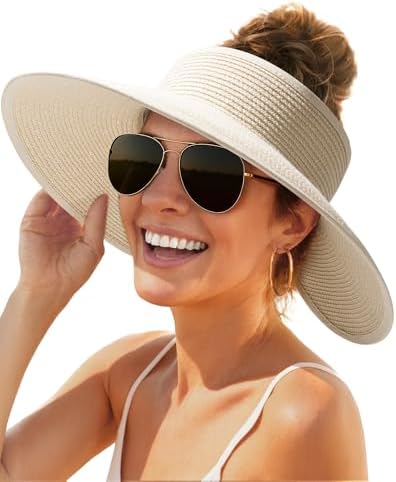 Women\'s Raffia Sun Visor Hat, Packable Wide Brim Beach Visor Ponytail Hat UV SUN CUBE Women Straw Visor Hat, Wide Brim Sun Visor for  main image 4