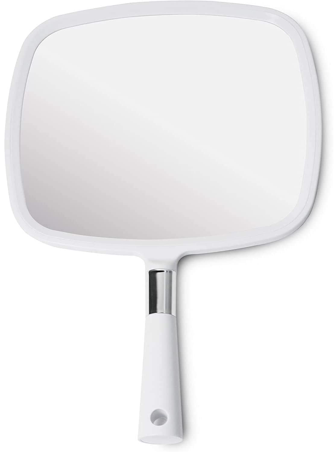 MIRRORVANA Large Hand Mirror with Comfy Handle - Big Hand Held Mirror for Barbers, Professional Hairdressers, Beauty Salons, Home Self Haircuts and Face Makeup Application - 33cm L x 23cm W (White)