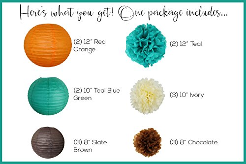 Just Artifacts Decorative Paper Party Pack (15pcs) Paper Lanterns and Pom Pom Balls - Orange/Teal/Ivory/Browns