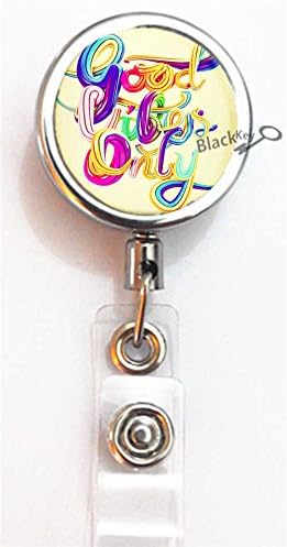 BlackKey Good Vibes Only Retractable ID Card Badge Holder Reel with Lanyard & Belt Clip -800