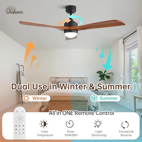 Sofucor 132cm Ventilador de Techo con Luz, Madera maciza Ventilador de Techo con Mando a Distancia, DC, 3 Temperaturas de Color, Temporizador, 6 Velocidades, Modo Verano Invierno para Salones