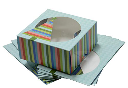 Christmas Cookie Gift Boxes Doughnut & Cake Bakery Box with Window 6 Inch, Blue with Colorful Stripes and Gold Foil Hot Stamp for Gift Giving on Holiday and Party Favors (Set of 12)