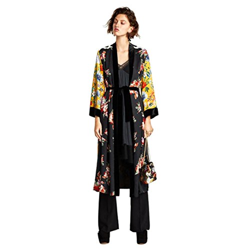 Tsmile Women's Coat Clearance Printed Bohemia Floral Tassel Long Kimono Beach Oversized Shawl Tops (L, Yellow)