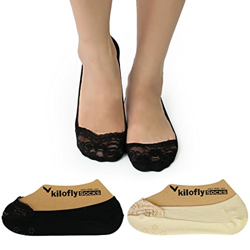 kilofly No Show Silicone Heel Grip NonSkid Socks [2 Pairs Set, Black
