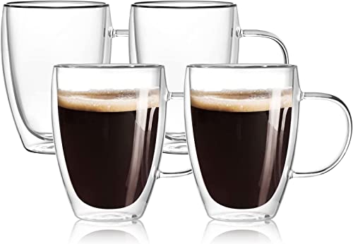 Taza para Cafe Doble pared Vidrio 350 ml (4 Piezas),Tazas para Cafe Espresso con Asa,Vasos pared Vidrio Transparentes para Capuchino,Café Expreso,Té,Ideales para Regalo