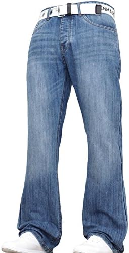 Denim And Dye Men's Wide Leg Bootcut Flared Blue Heavy Denim Jeans with Belt