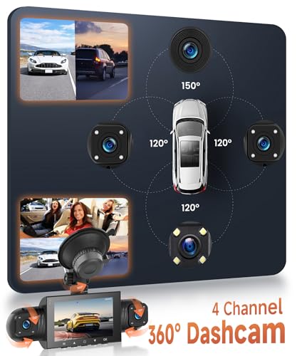 4 Channel Car Dashcam 360°, 4 HD 1080P Front and Rear Left Right Camera, 3 Inch 1080P Dash Cam with 8 IR Night Vision/Loop Video/24H Parking Monitor/G-Sensor