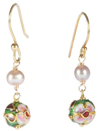 Gold Plated Sterling Silver Pink Freshwater Cultured Pearl with Green CloisonnÃ© Round Bead Earrings