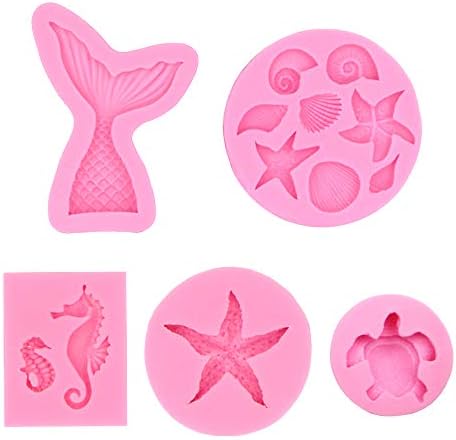 Seashell Mold For Fondant Mermaid Tail Mold Silicone Starfish Seahorse Sea Turtle Chocolate Candy Molds For Mermaid Theme Party Cake Decoration (5PCS)