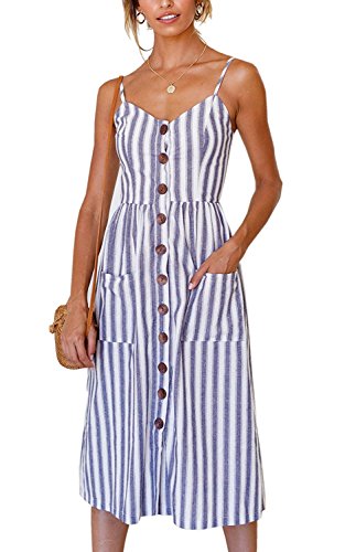 Poptem Womens Midi Dress V-Neck Floral Spaghetti Strap Summer Beach Sundresses