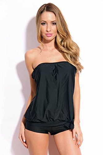 ToBeInStyle Women's Solid Black Two-Piece Relaxed Blouson Tankini ToBeInStyle Women's Solid Black Two-Piece Relaxed Blouson Tankini